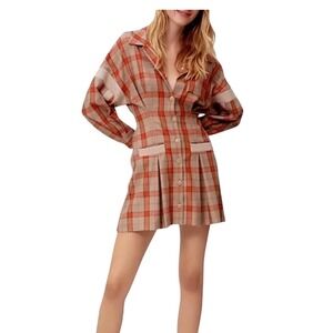 MAJE SZ 38 Ravellino Camel Plaid Button Front Mini‎ Shirt Dress Pleated Pockets